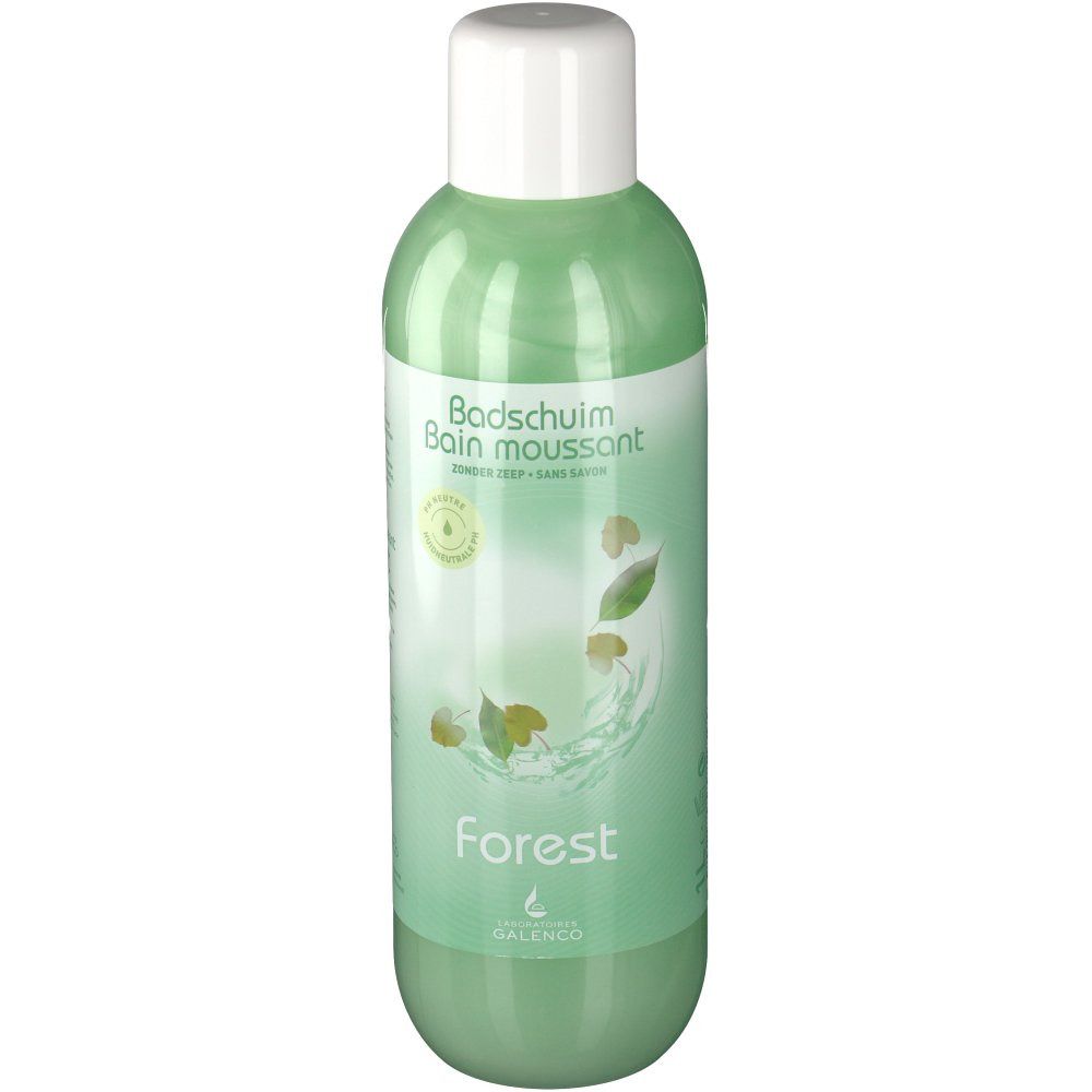 Groene fles met witte dop. Opschrift: Badschaum, Forest, Galenco. Afbeelding van bladeren en water.