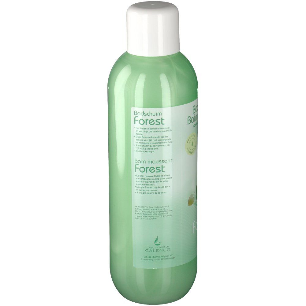 Groene fles met witte dop. Etiket met tekst. Opschrift: Badschaum, Forest, Galenco.