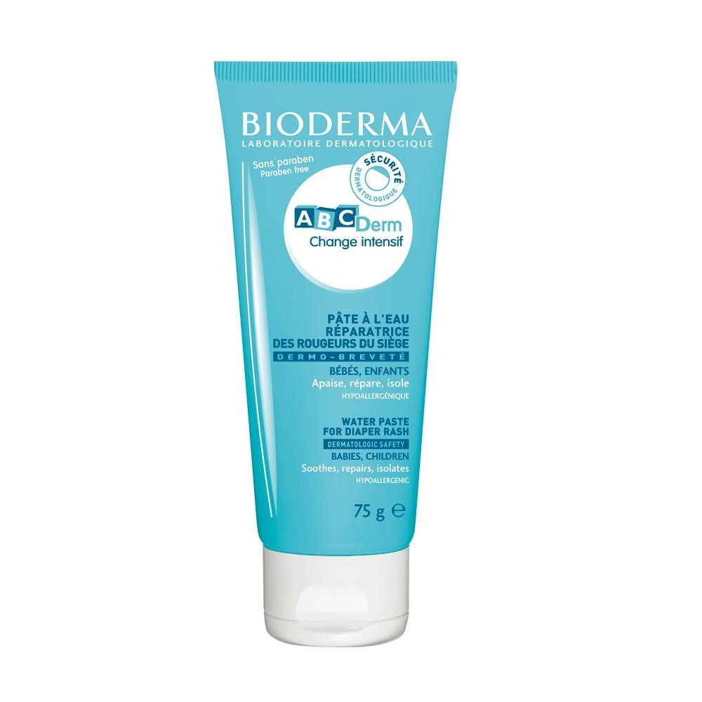 Lichtblauwe tube Bioderma ABC Derm Change Intensif. Tekst: Pâte à l'eau réparatrice des rougeurs du siège. Voor baby's en kinderen. 75 g.