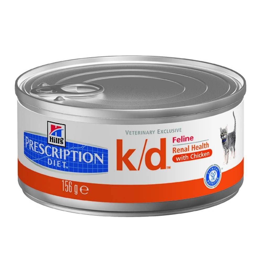 Ronde blik "Hill's Prescription Diet k/d". Etiket met tekst en kat. 156g.