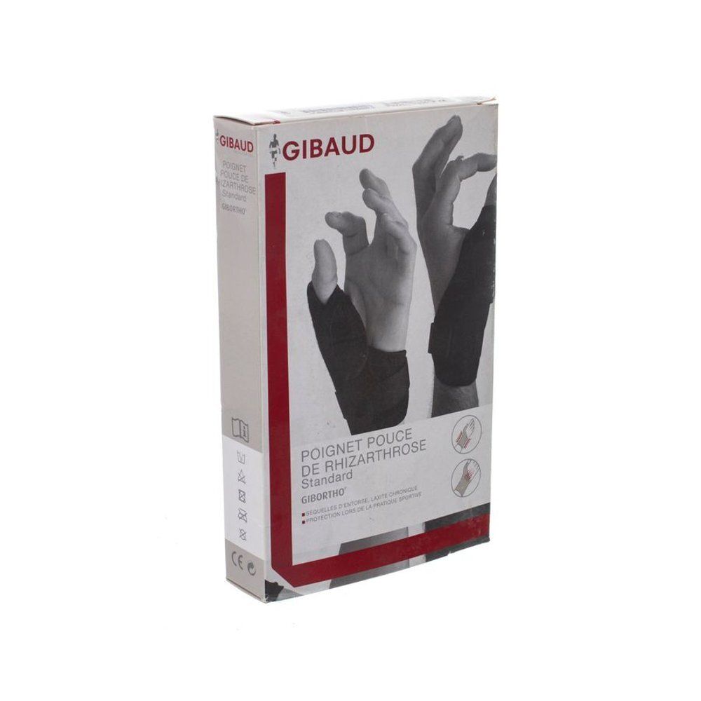 Verpakking met polsbrace. Opschrift: GIBORTHO, POIGNET POUCE DE RHIZARTHROSE. Afbeelding van een hand met brace.