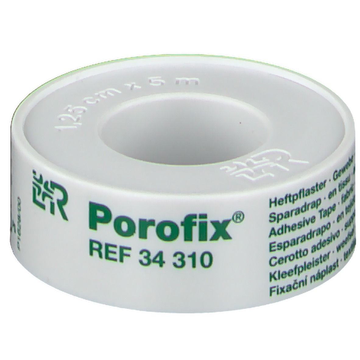 Rol Porofix® pleister. Witte tape met groen logo en tekst. REF 34 310.