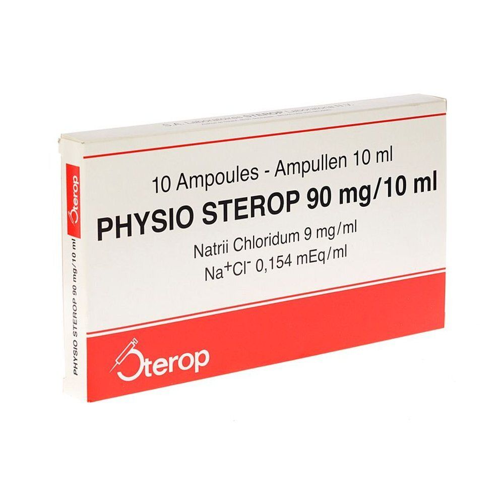Boîte de 10 ampoules Physio Sterop 90 mg/10 ml. Emballage rouge et blanc avec nom du produit et ingrédients.