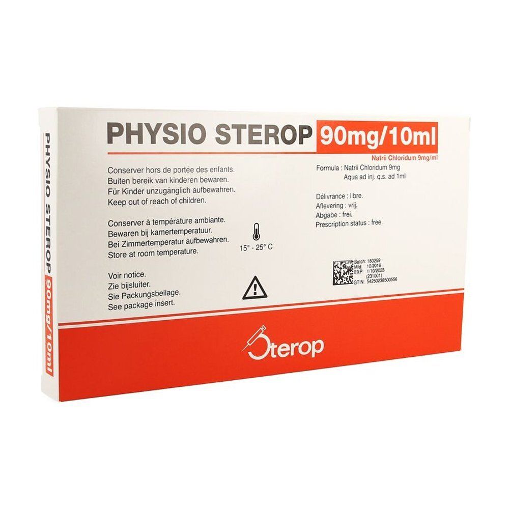 Emballage de Physio Sterop 90 mg/10 ml. Boîte rouge et blanche avec informations et avertissements.