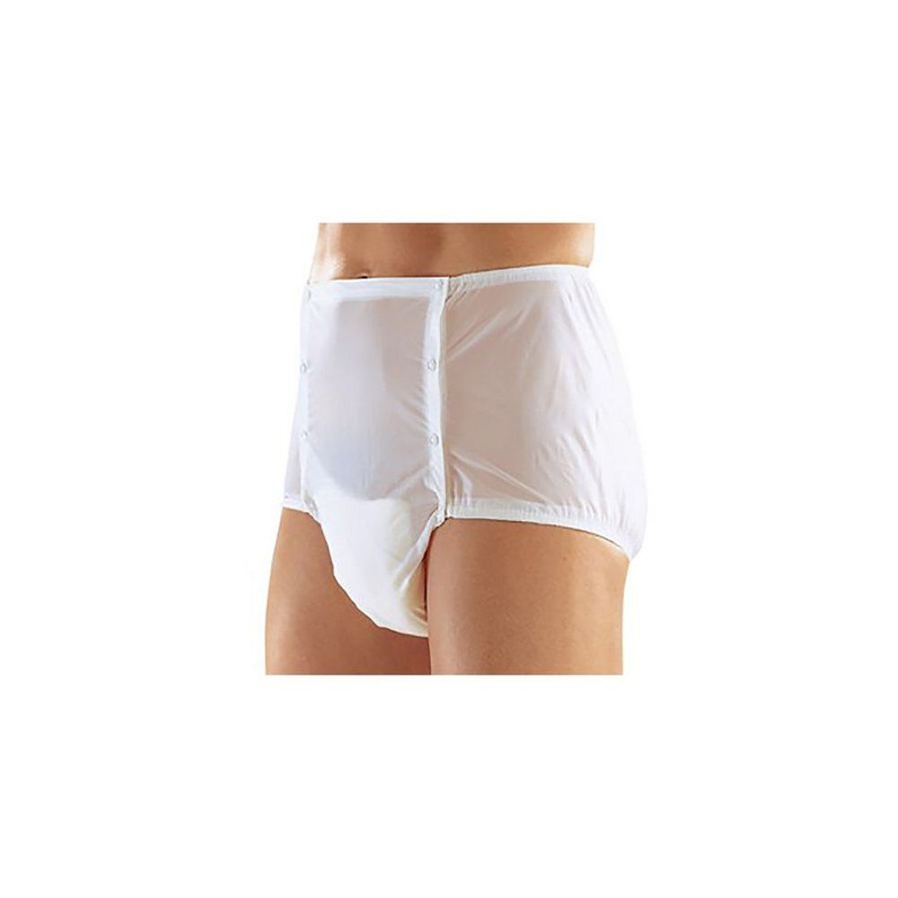 Vue avant d'une culotte blanche en PVC avec boutons-pression.
