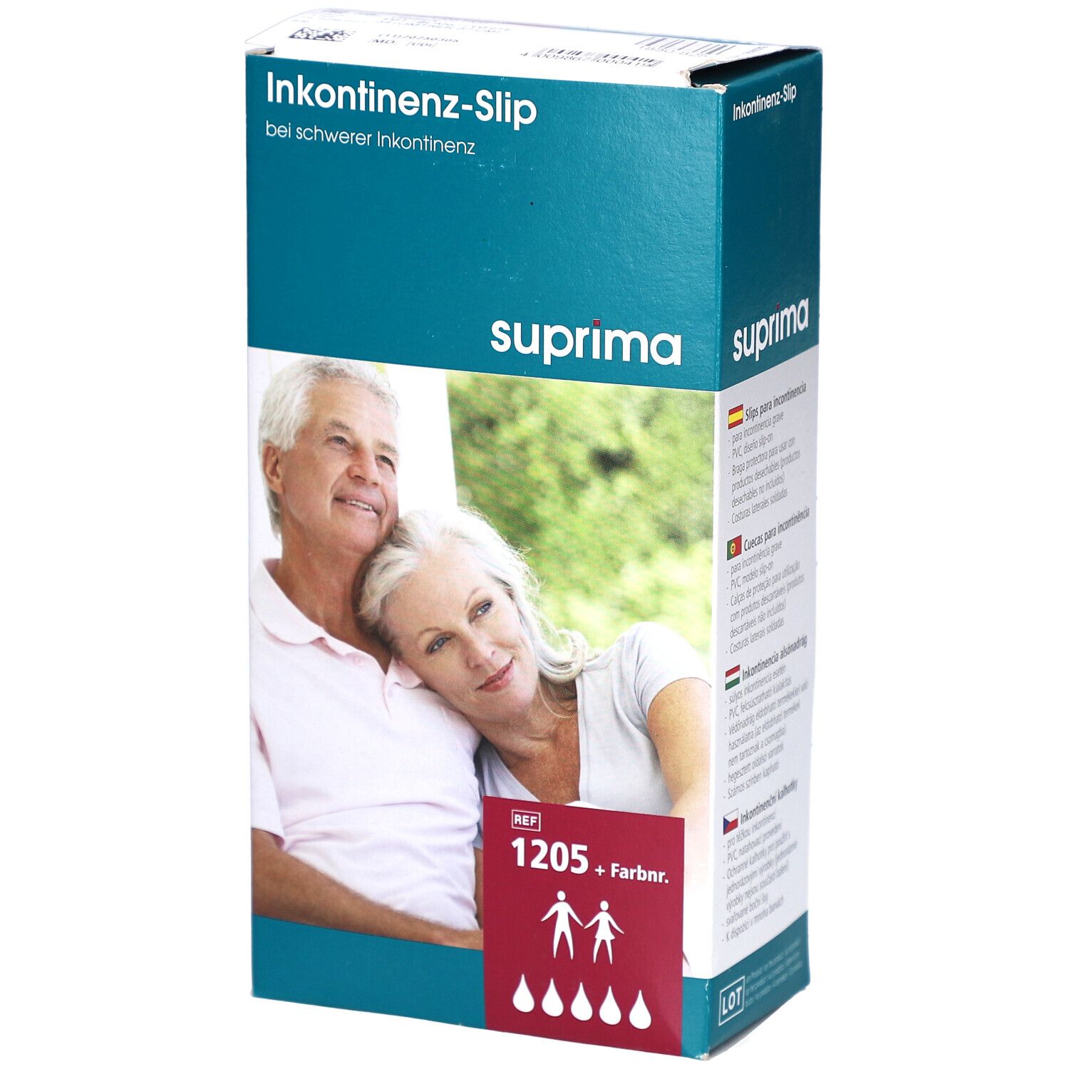 Emballage Suprima pour slip d'incontinence. Inscription : Slip d'incontinence, Suprima, REF 1205, coloré. Image d'un couple âgé.