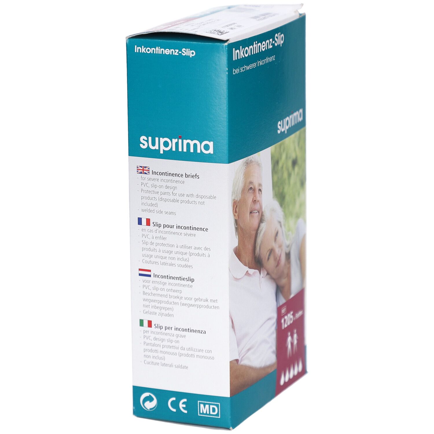 Vue latérale de l'emballage Suprima pour slip d'incontinence. Texte : Slip d'incontinence, Suprima. Informations produit en plusieurs langues.