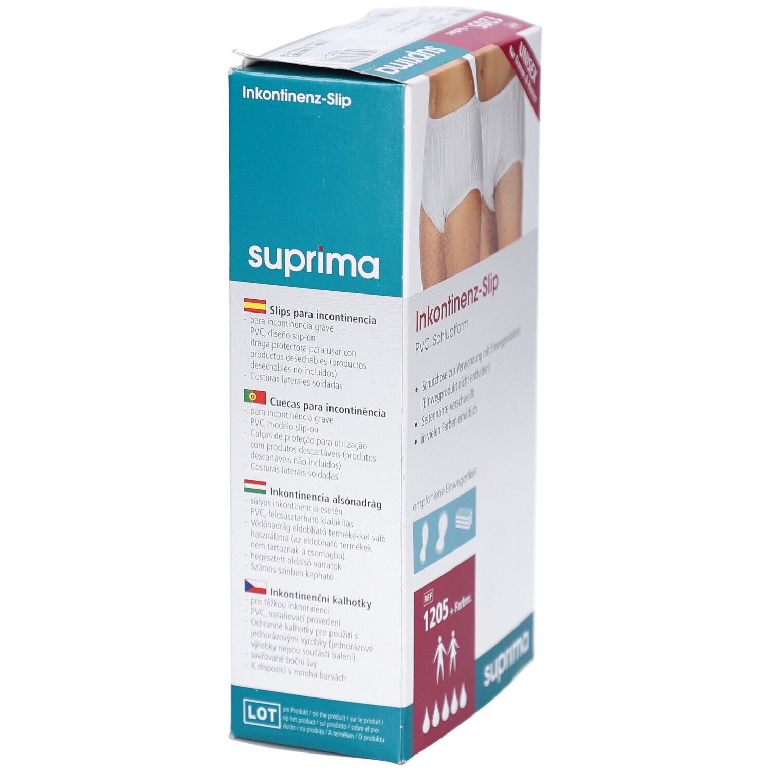 Vue latérale de l'emballage Suprima pour slip d'incontinence. Texte : Slip d'incontinence, PVC, forme slip. Informations produit en plusieurs langues.