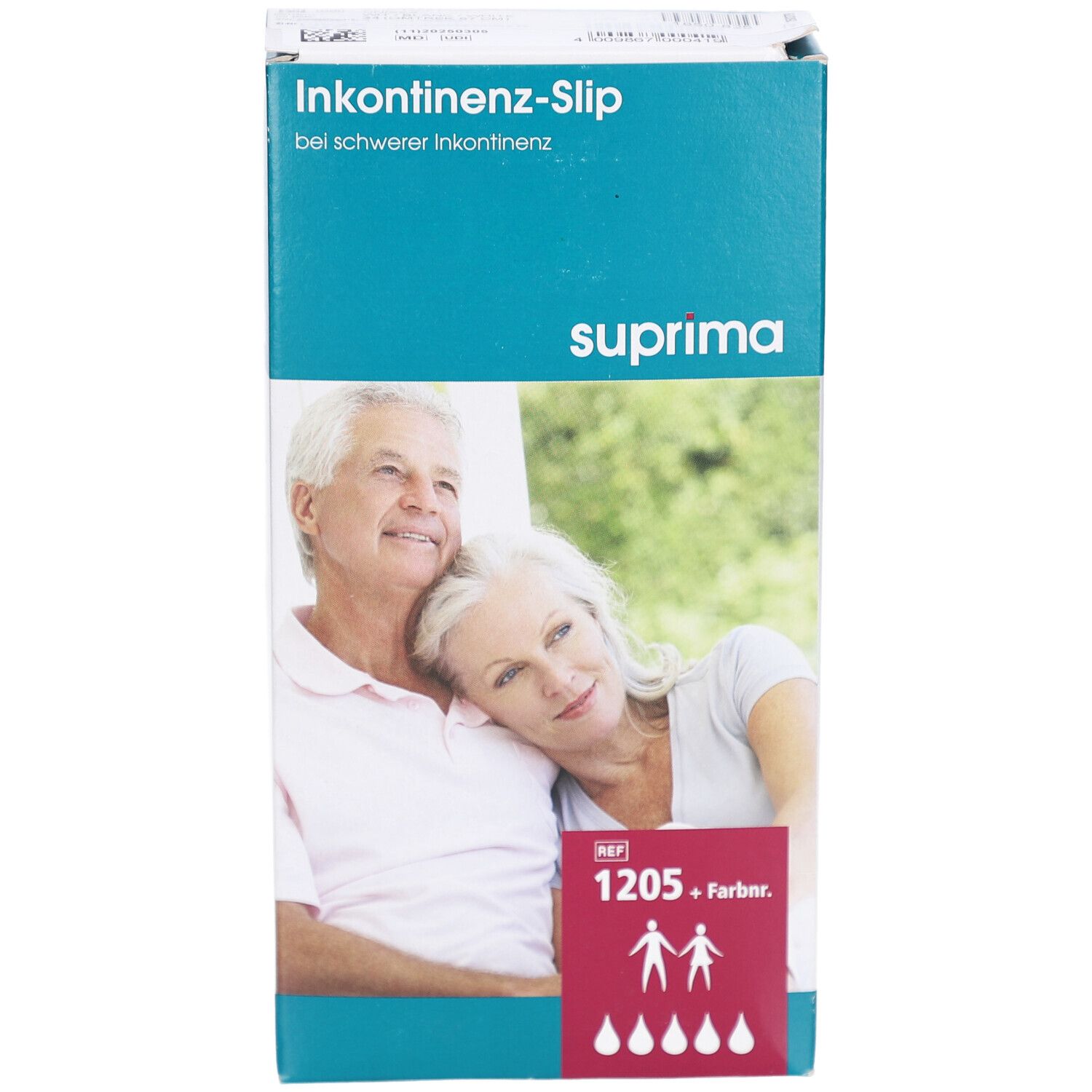 Emballage Suprima pour slip d'incontinence. Inscription : Slip d'incontinence, Suprima, REF 1205, coloré. Image d'un couple âgé.