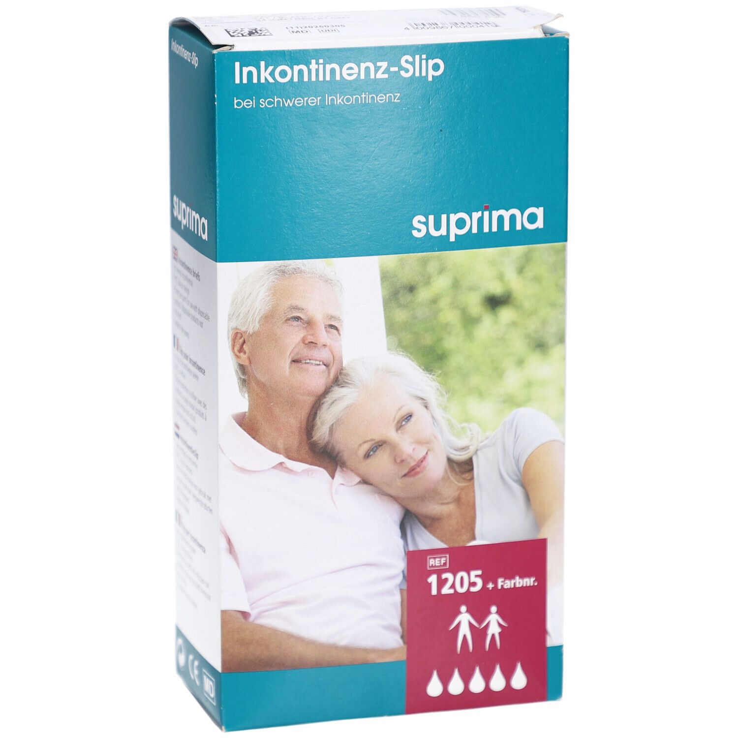 Emballage Suprima pour slip d'incontinence. Inscription : Slip d'incontinence, Suprima, REF 1205, coloré. Image d'un couple âgé.