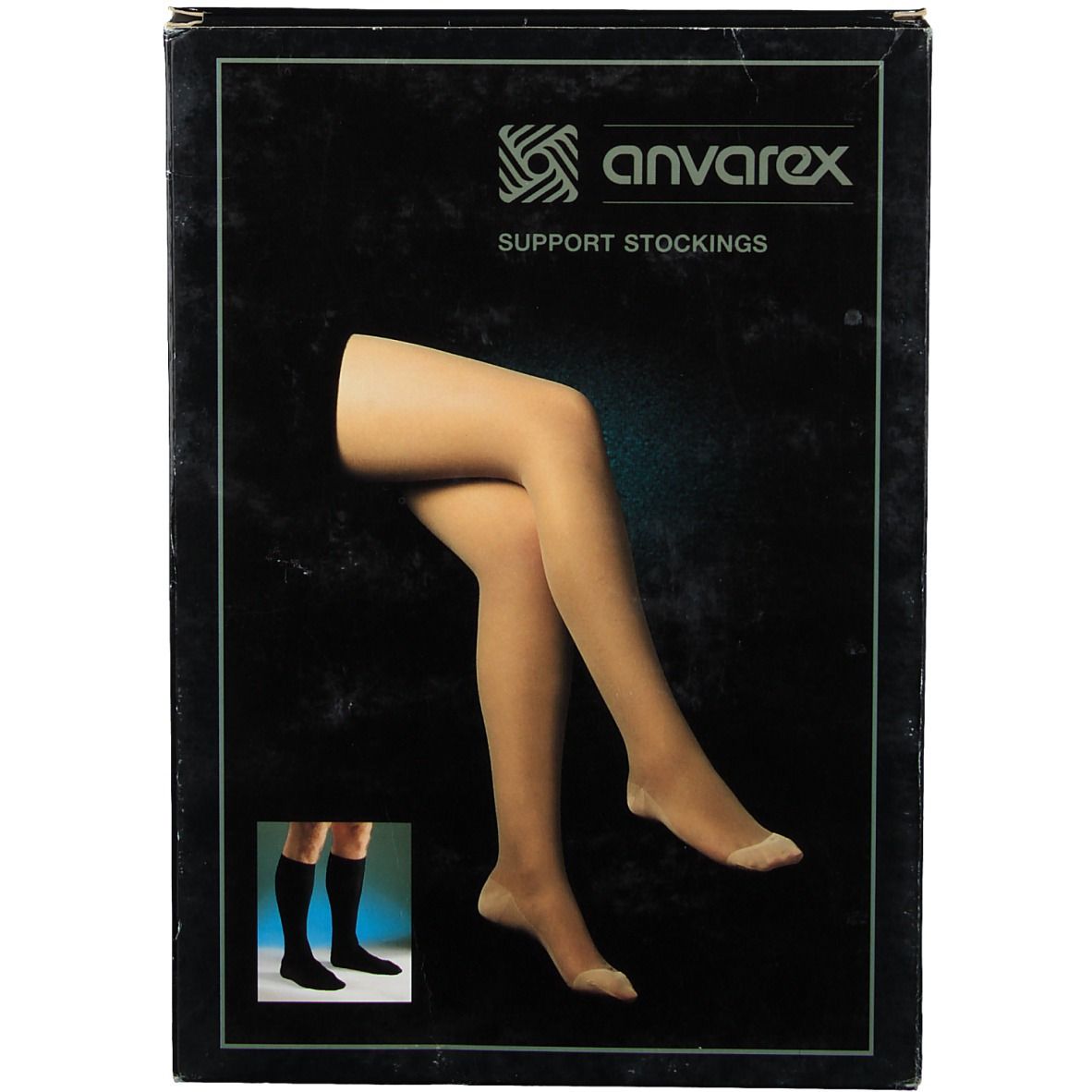 Verpakking met steunkousen van Anvarex. Tekst: Support Stockings. Illustratie van benen met huidkleurige kousen.