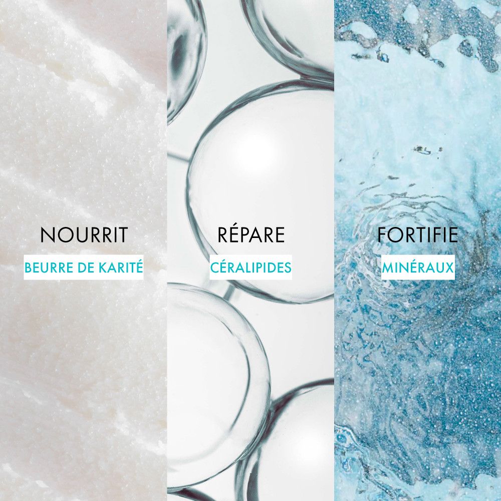 Drie verticale gebieden met tekst. Voedt, herstelt, versterkt. Ingrediënten: sheaboter, ceralipiden, mineralen.