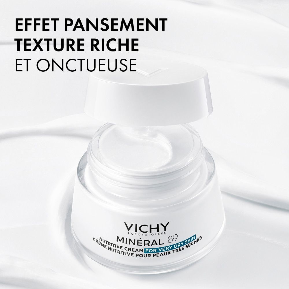 Crèmepot met open deksel. Tekst: Effect verband, rijke en vettige textuur. Vichy Mineral 89.