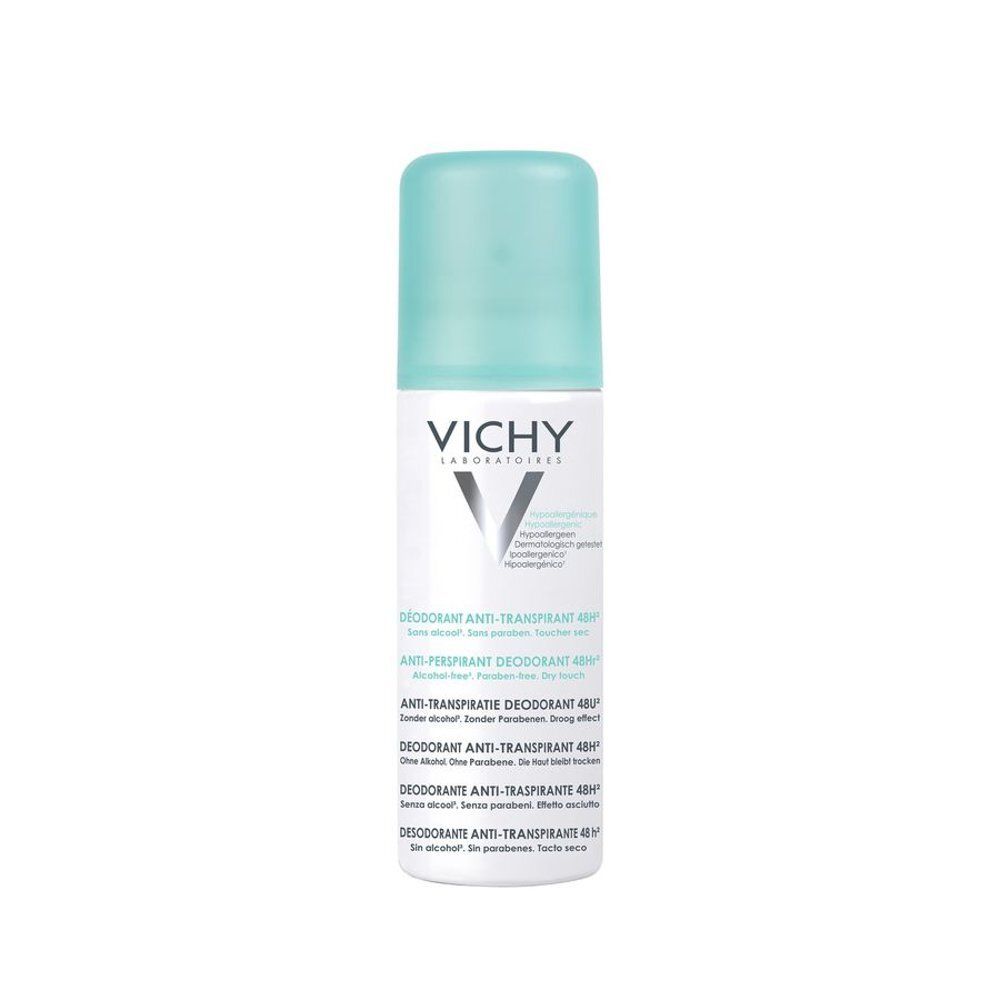Deo-roller met lichtblauwe dop. Opschrift: VICHY. Productnaam: DEODORANT ANTI-TRANSPIRANT 48H. Zonder alcohol.