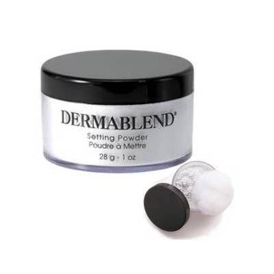 Pot de poudre blanche avec couvercle noir. Contient une houppette et un couvercle. Marque: Dermablend.