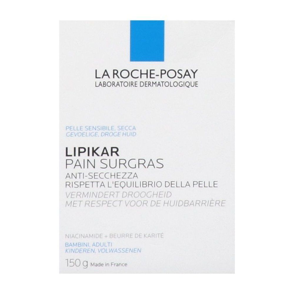Boîte blanche avec informations produit. Texte: La Roche-Posay, Lipikar Pain Surgras. 150g. Pour peaux sensibles, sèches. Ingrédients.