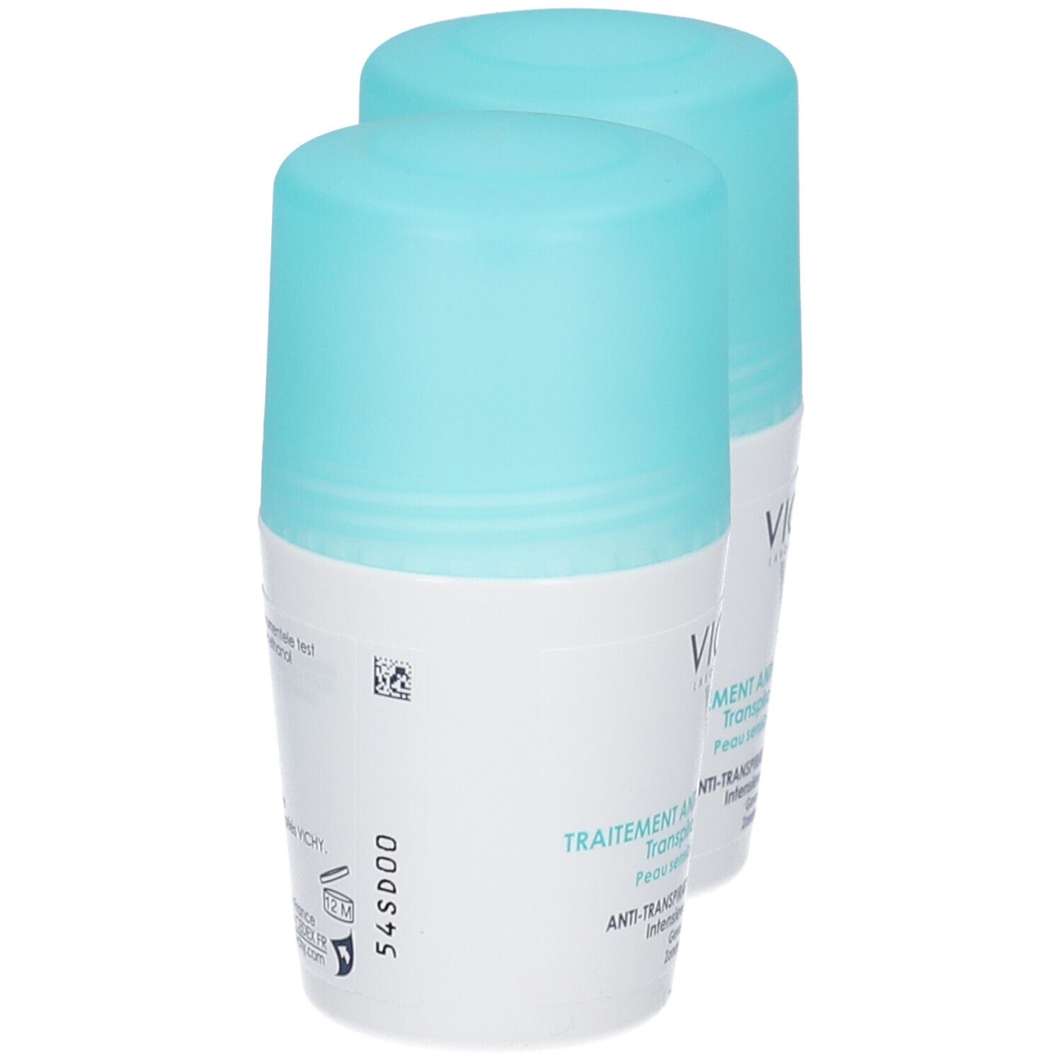 Twee roll-on deodorants met lichtblauwe doppen. Witte flacons met productinformatie en barcode.