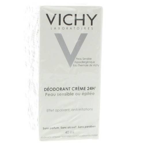 Witte verpakking met VICHY-logo en productaanduiding: DÉODORANT CRÈME 24H¹. Voor gevoelige of geëpileerde huid. Zonder parfum, alcohol, parabenen. 40 ml.