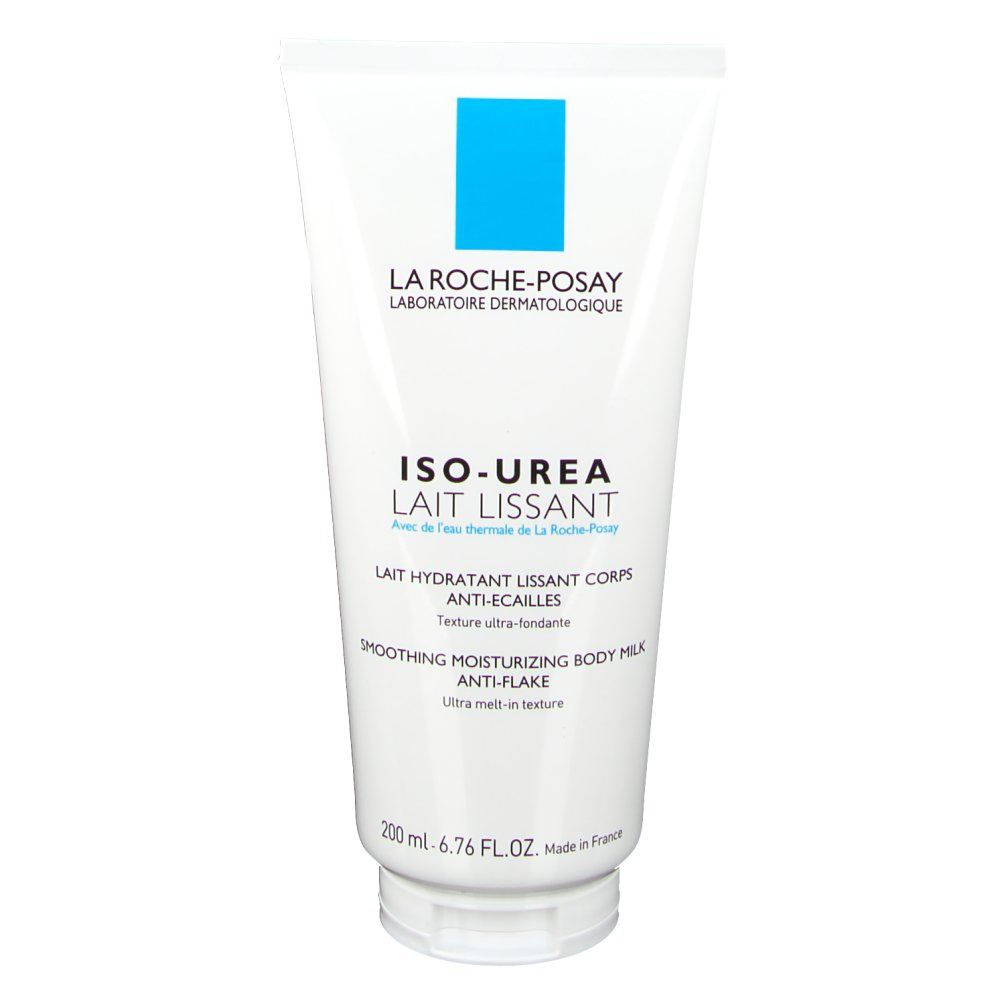 Witte tube met blauwe markering. Opschrift: ISO-UREA Lait Lissant. Tekst in het Frans en Engels. Onder: 200 ml.