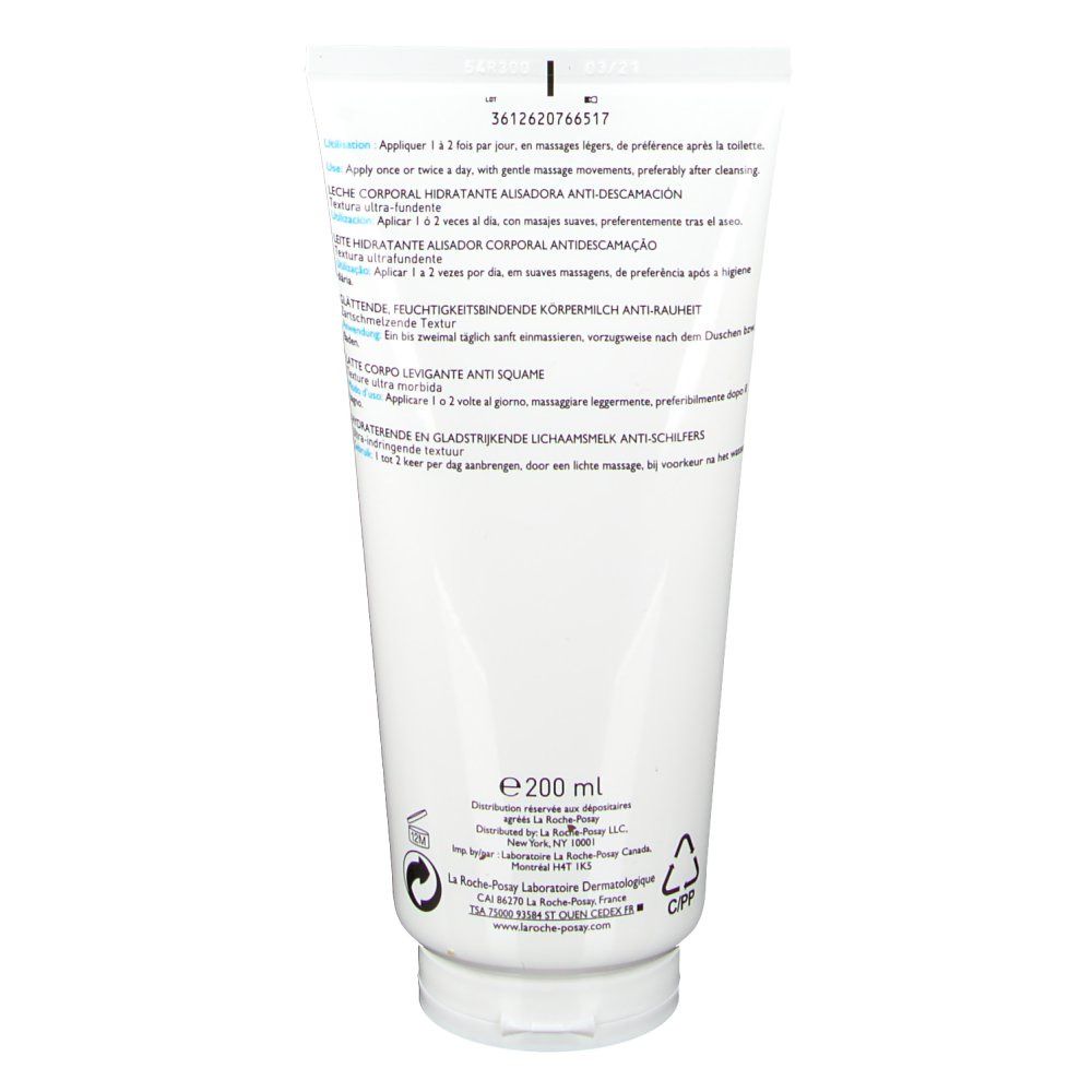 Achterkant van de witte tube. Tekst in meerdere talen. Onder: 200 ml. Recyclingsymbolen.