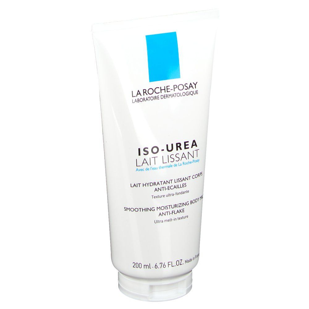Witte tube met blauwe markering. Opschrift: ISO-UREA Lait Lissant. Tekst in het Frans en Engels. Onder: 200 ml.