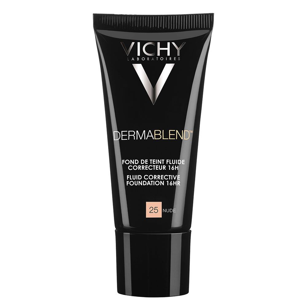 Zwarte tube met Vichy-logo en Dermablend. Tint 25 Nude. Vloeibare foundation.
