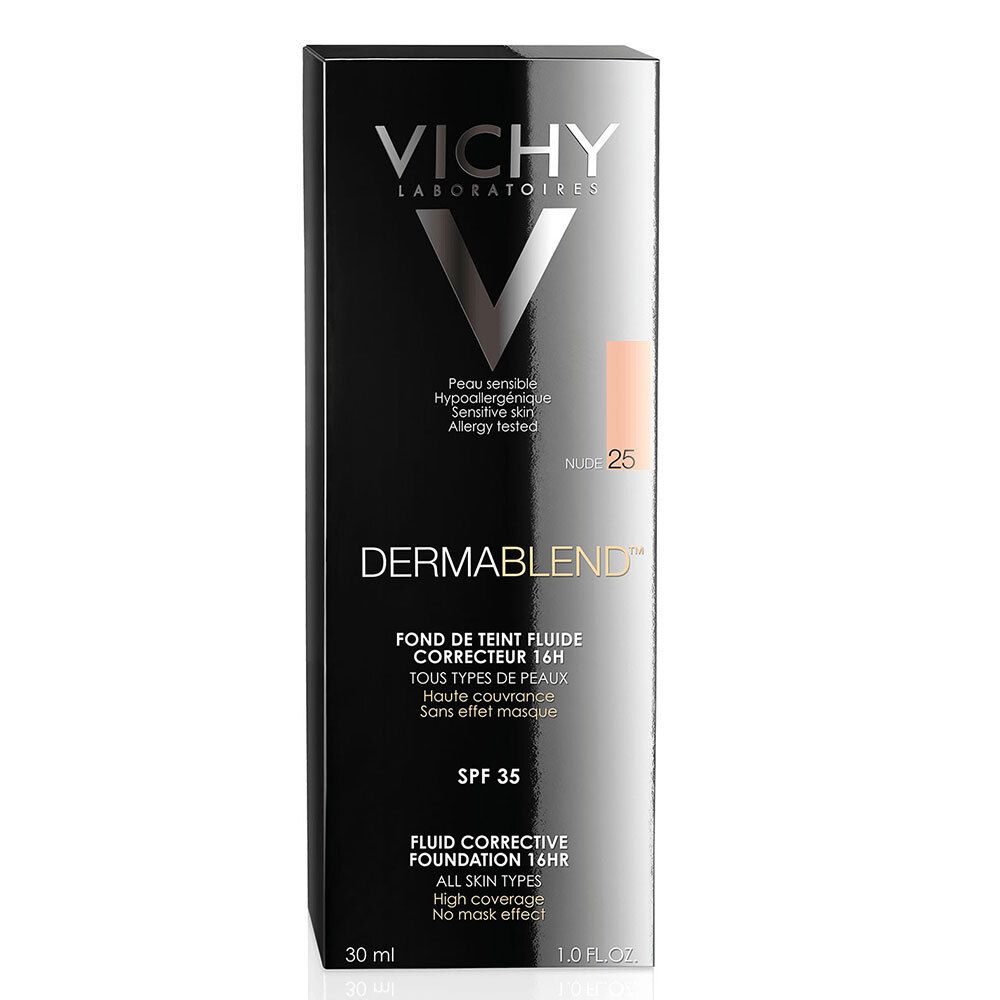 Zwarte verpakking met Vichy-logo en Dermablend. Tint 25 Nude. Vloeibare foundation, SPF 35.