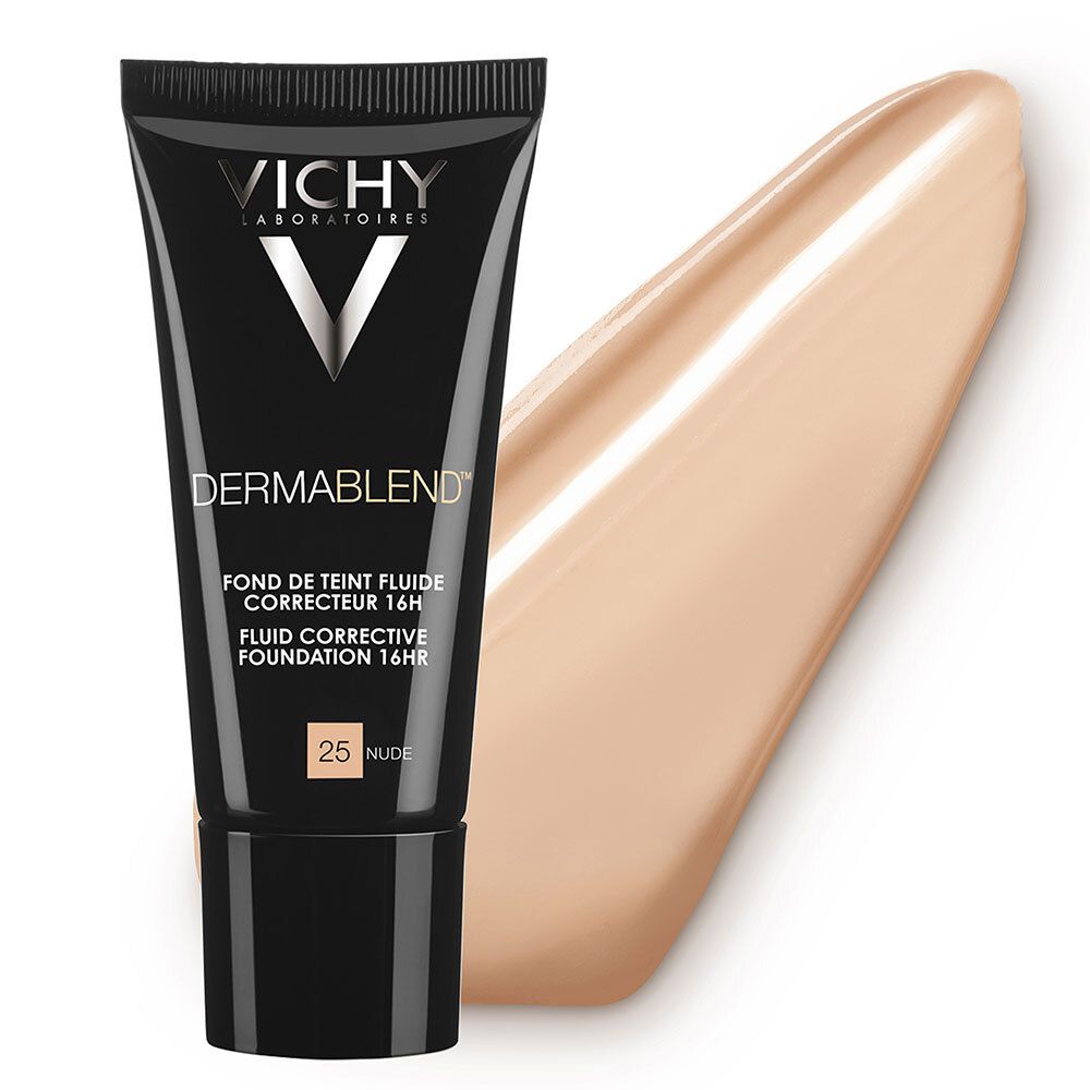 Zwarte tube Vichy Dermablend, tint 25 Nude. Naast een veeg foundation.
