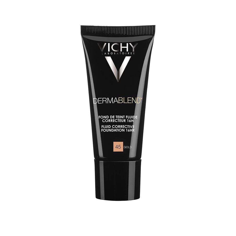 Zwarte tube Vichy Dermablend 45 Gold. Corrigerende vloeibare foundation 16H. Vichy logo bovenaan.