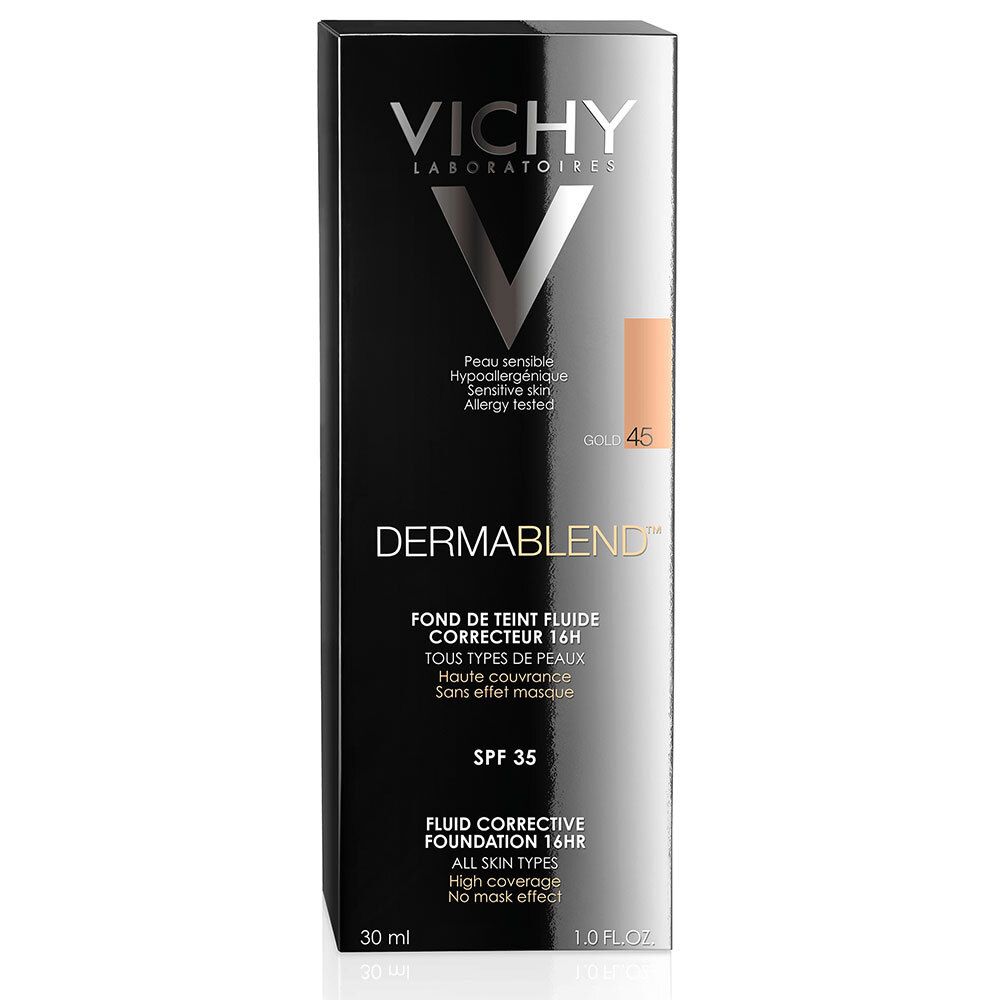 Zwarte doos Vichy Dermablend 45. Corrigerende vloeibare foundation 16H. SPF 35. Alle huidtypen.