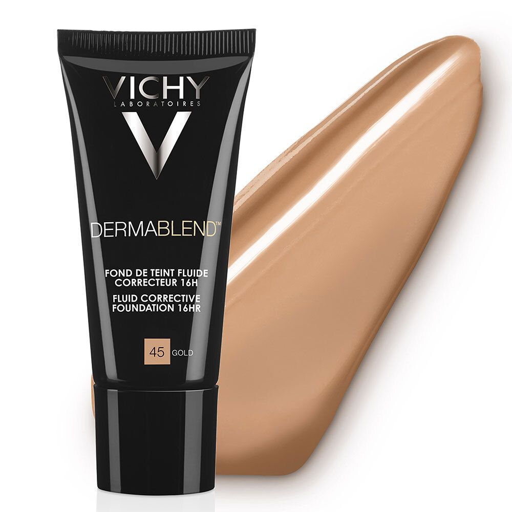 Zwarte tube Vichy Dermablend 45 Gold en foundation sample. Op witte achtergrond.