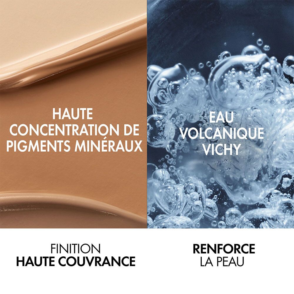 Close-up: foundation en water. Hoge concentratie minerale pigmenten. Vichy thermaal water.
