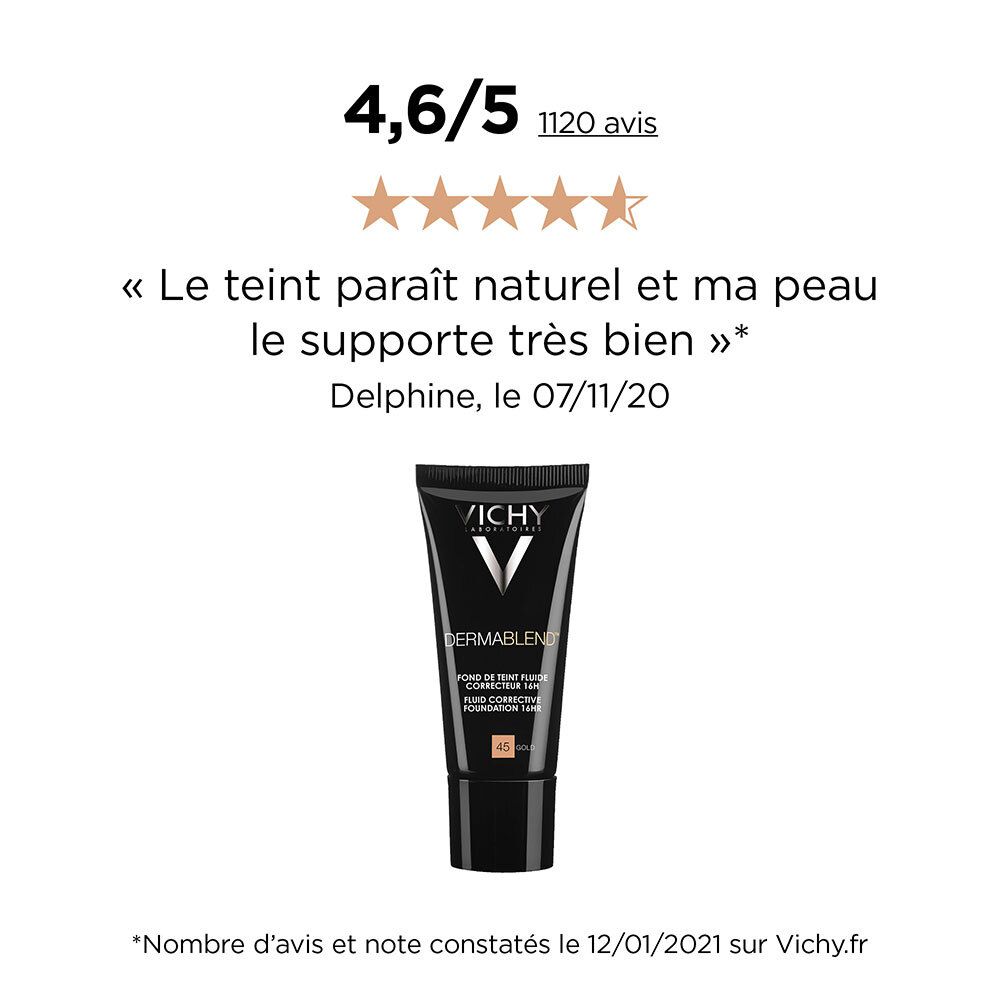 Tube Vichy Dermablend en klantbeoordeling. 4,6/5 sterren. Natuurlijke teint, goede tolerantie.