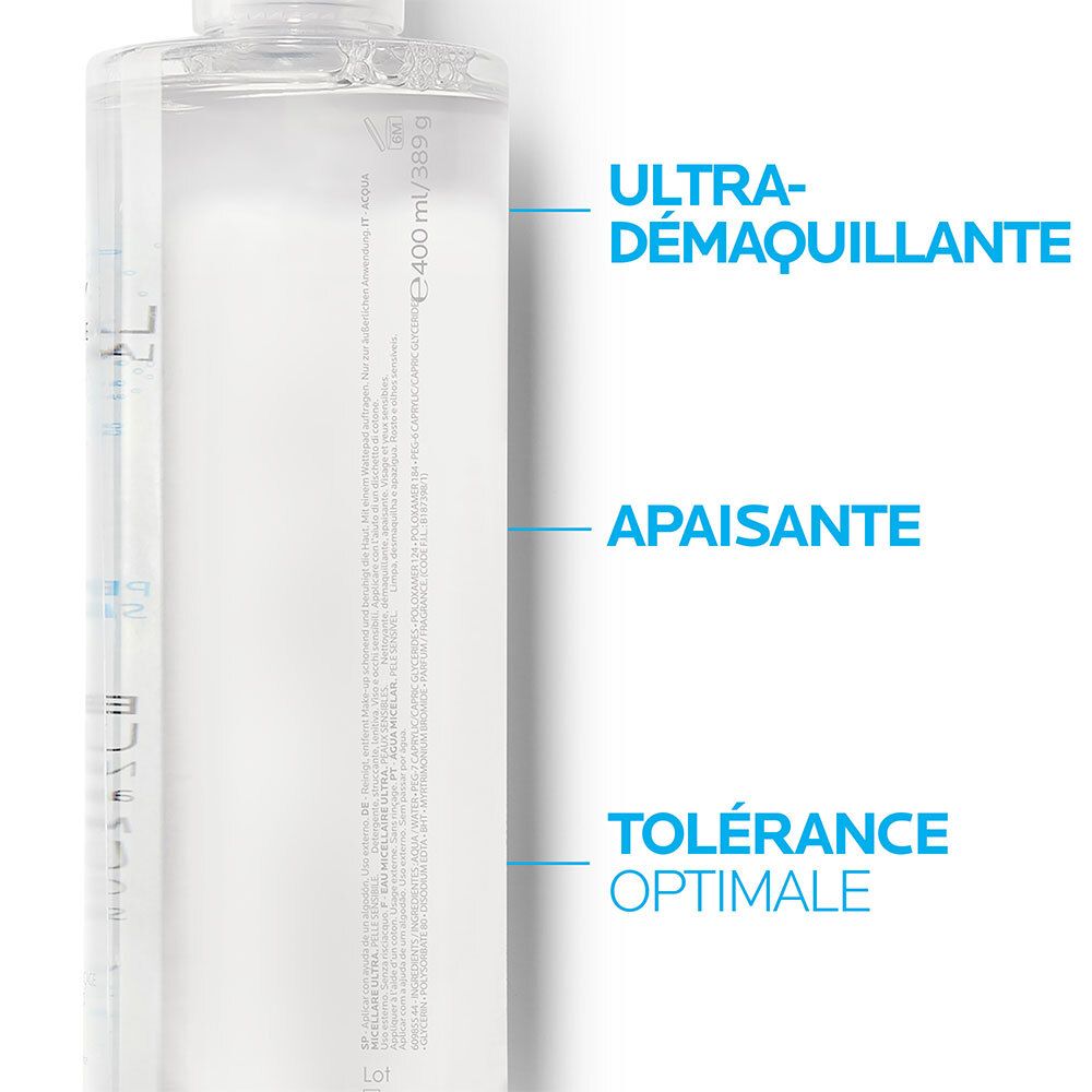 Tekstfragment op blauwe achtergrond: Ultra-Démaquillante, Apaisante, Tolérance Optimale.