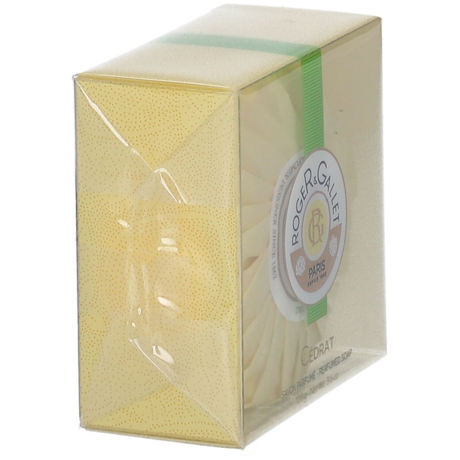 Verpakte zeep. Gele verpakking met groen lint. Merk Roger & Gallet, Cédrat. Transparante hoes.