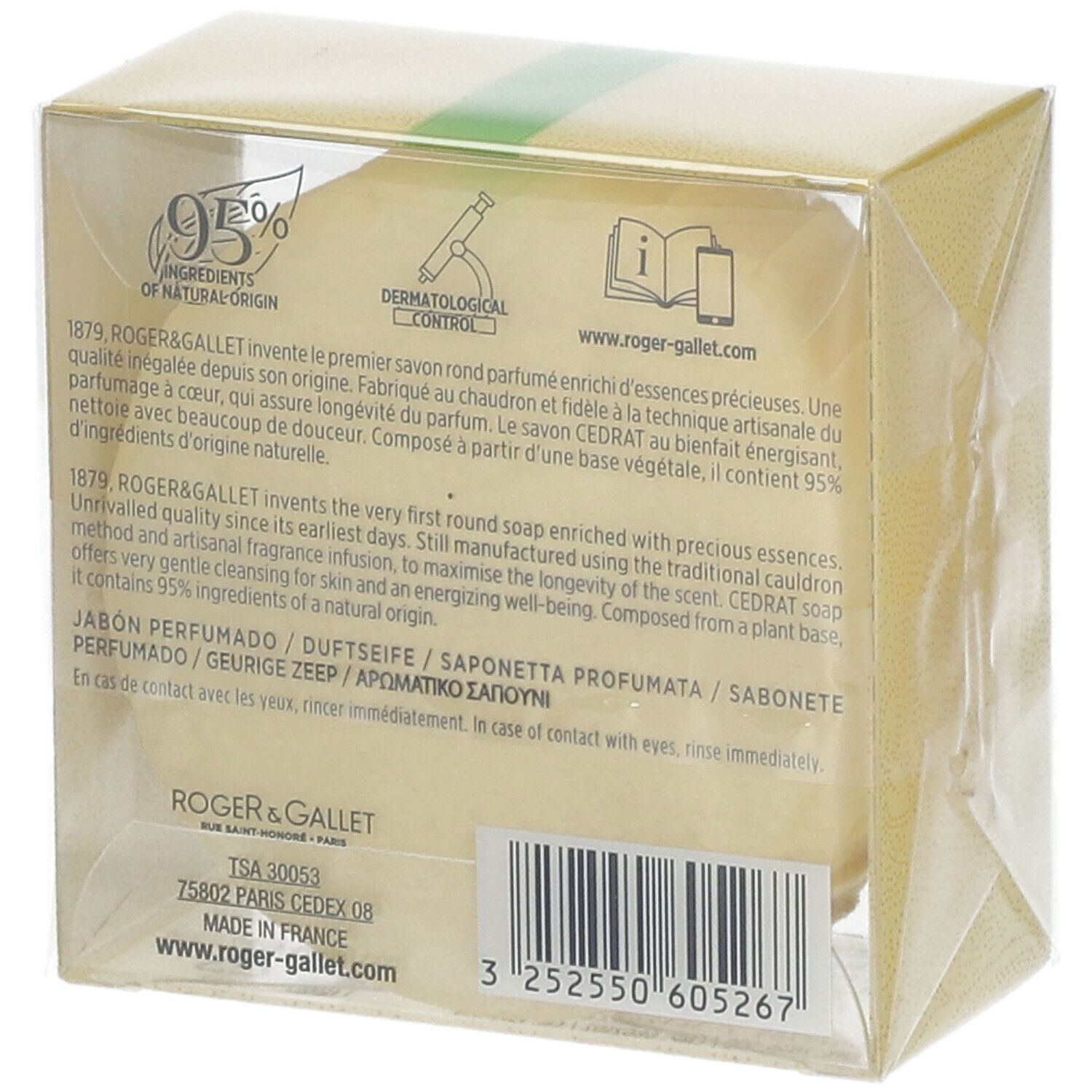 Achterkant van zeepverpakking. Tekst met ingrediënten, merk Roger & Gallet. Transparante hoes.