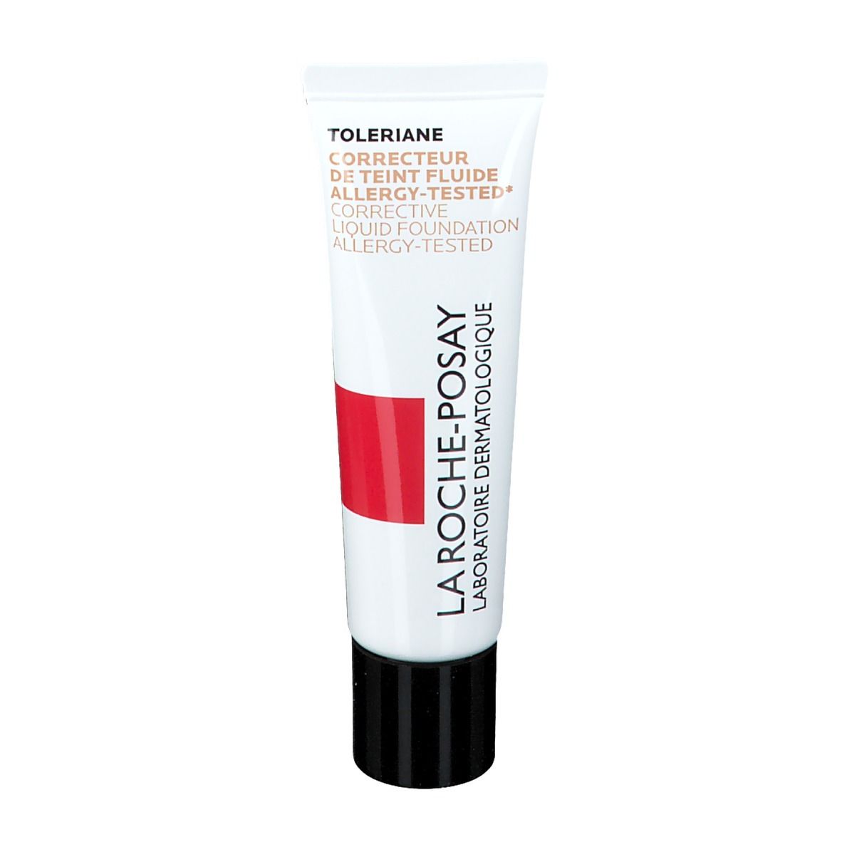 La Roche-Posay Toleriane make-up fluid. Witte tube met zwarte dop. Rode blok en productnamen.