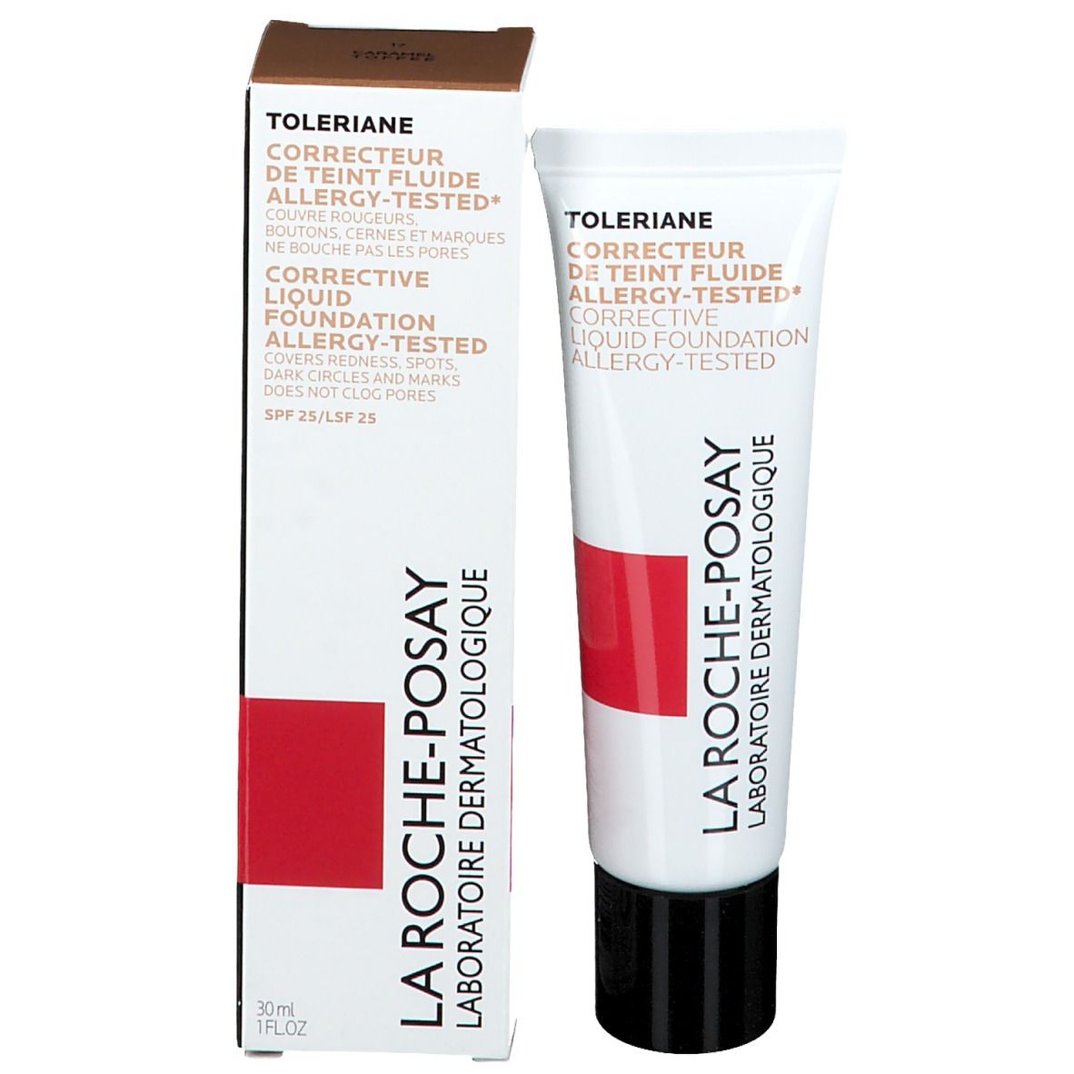 La Roche-Posay Toleriane make-up fluid en verpakking. Witte tube en doos. Rode blok.