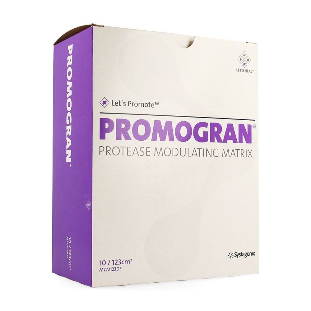 Promogran verpakking. Witte en paarse doos met productnaam en informatie. 10/123cm² en M772123DE zijn zichtbaar.