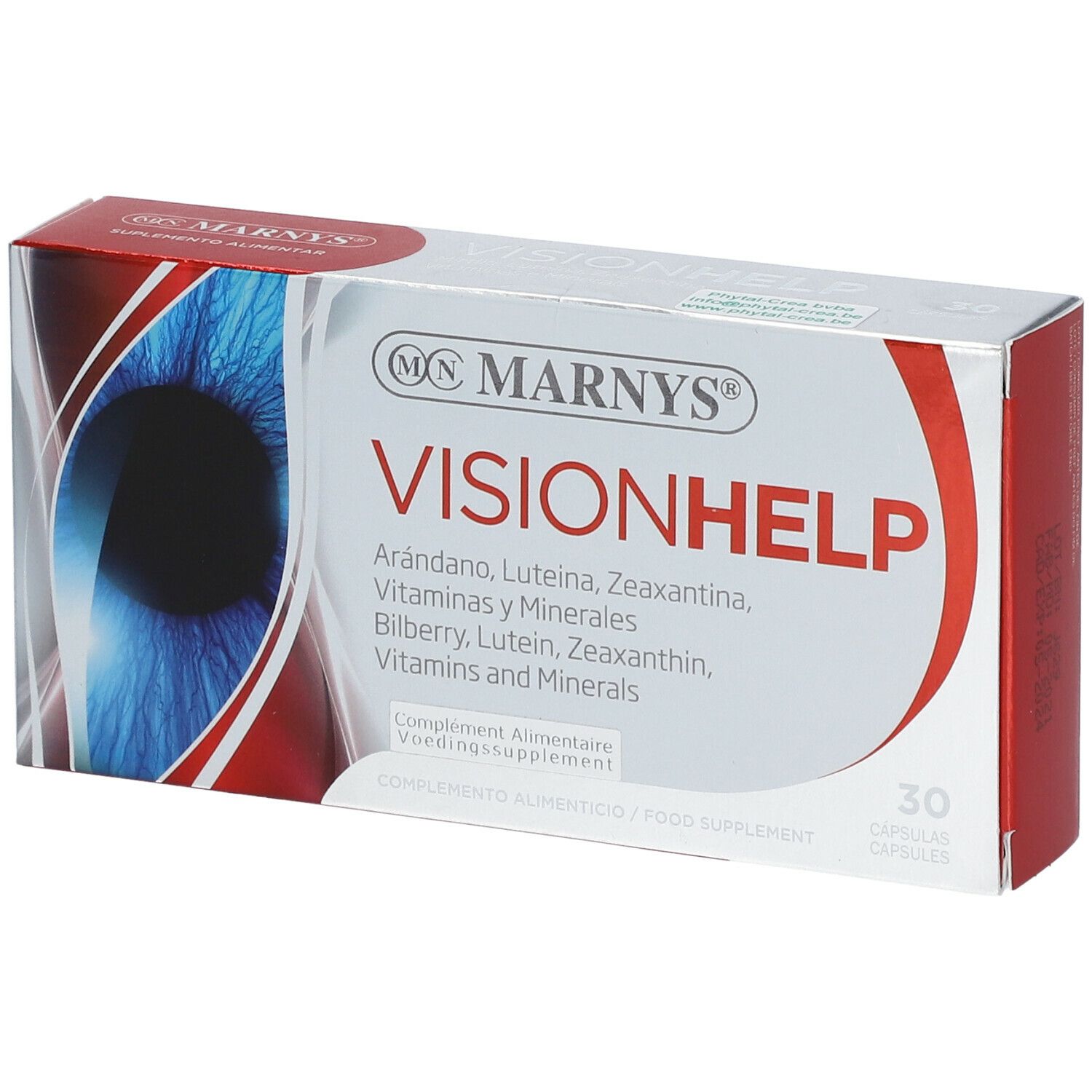 Doosje MARNYS Vision Help. Opschrift: Arándano, Luteina, Zeaxantina, Vitaminas y Minerales. 30 capsules.