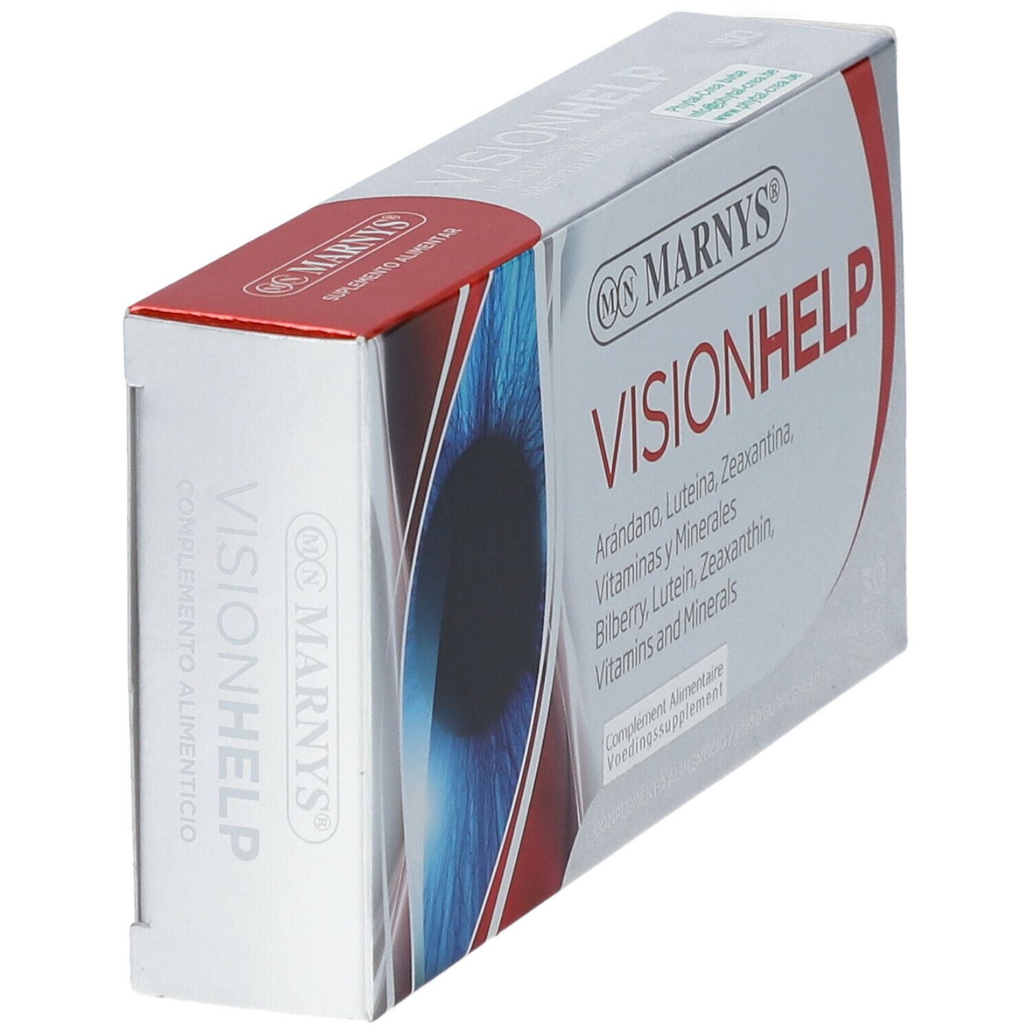 Zijkant van doosje MARNYS Vision Help. Opschrift: Vision Help, Arándano, Luteina, Zeaxantina, Vitaminas y Minerales.