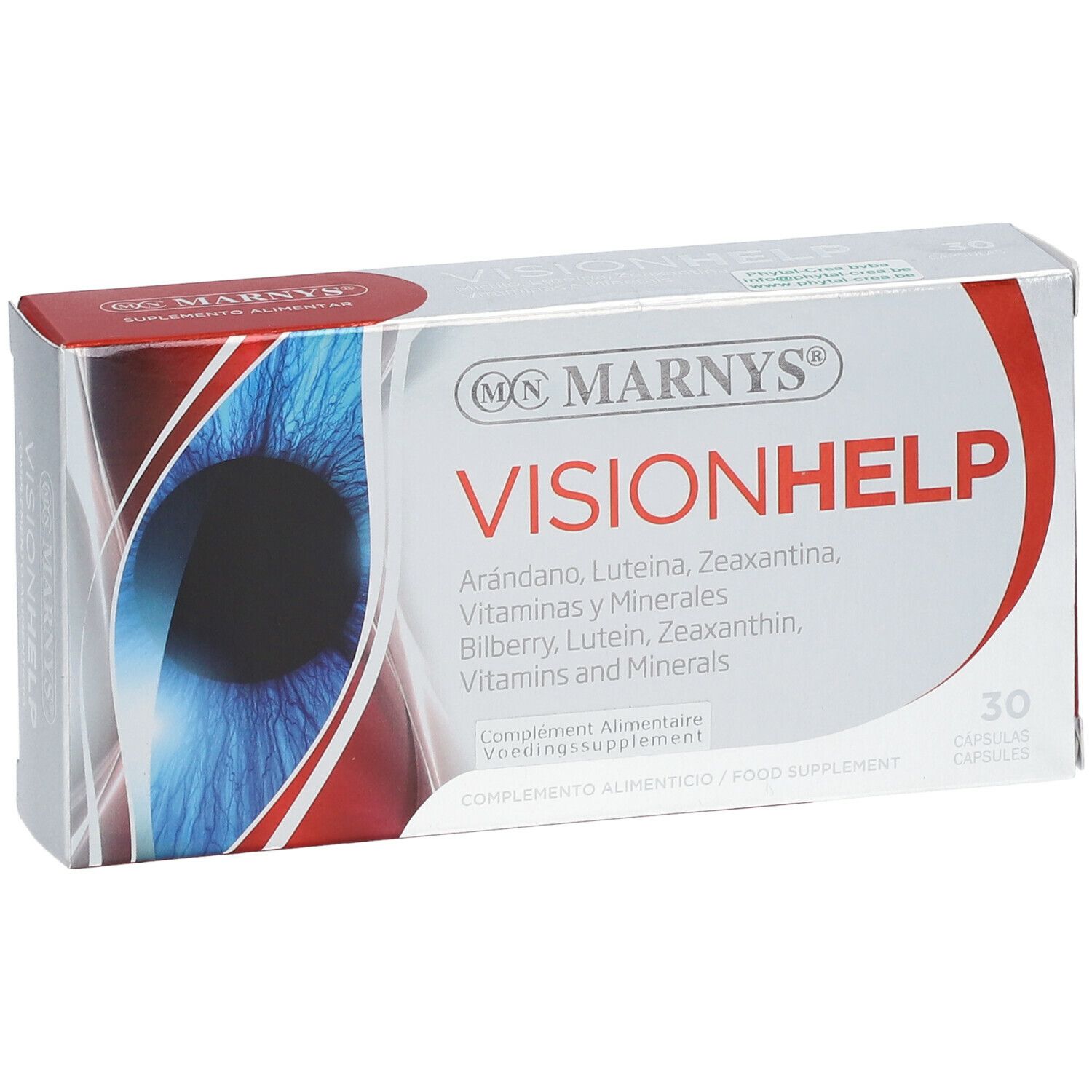 Doosje MARNYS Vision Help. Opschrift: Vision Help, Arándano, Luteina, Zeaxantina, Vitaminas y Minerales. 30 capsules.