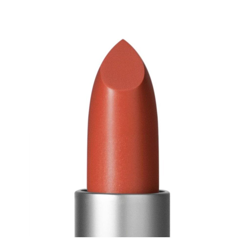 Rouge à lèvres en étui argenté. Rouge à lèvres marron, pointe biseautée.