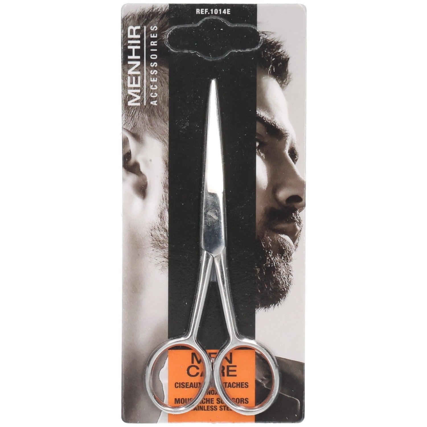 Ciseaux à barbe argentés dans un emballage noir. Marque : Menhir Accessoires. Inscription : Men Care.