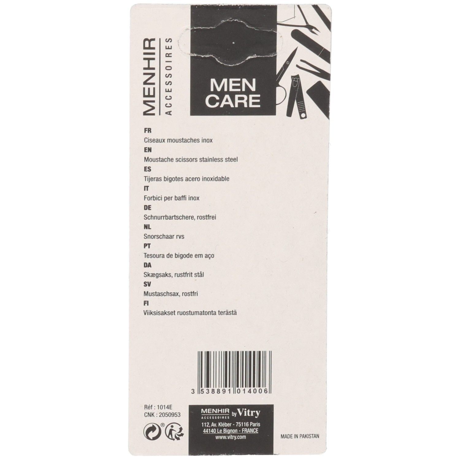 Dos de l'emballage. Texte multilingue. Marque : Menhir Accessoires. Inscription : Men Care.