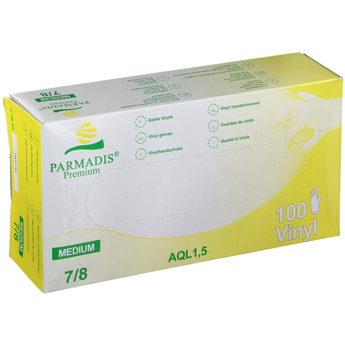 Verpakking PARMADIS® Premium vinyl handschoenen, maat M 7/8. 100 stuks. Geel-wit. AQL 1.5.