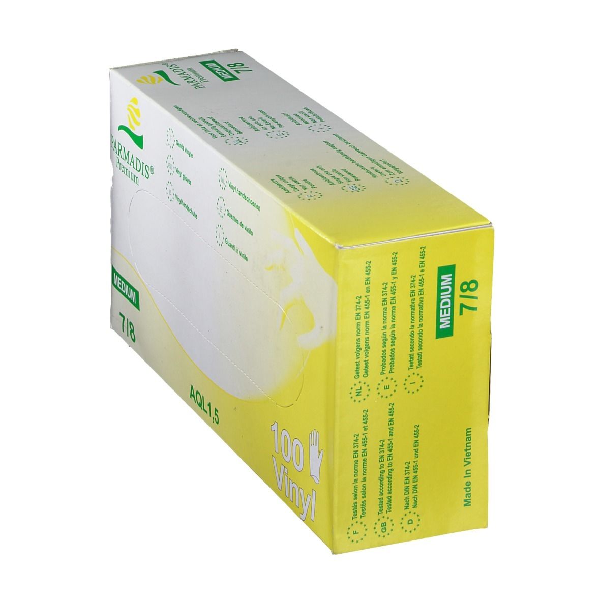 Verpakking PARMADIS® Premium vinyl handschoenen, maat M 7/8. Geel-wit. AQL 1.5. EN-normen.