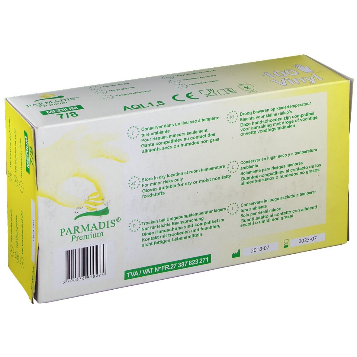 Achterkant verpakking PARMADIS® vinyl handschoenen. Opslaginstructies. Houdbaar tot 2023-07.