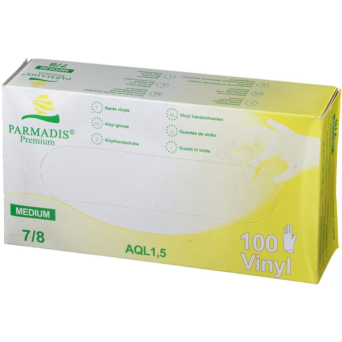 Verpakking PARMADIS® Premium vinyl handschoenen, maat M 7/8. 100 stuks. Geel-wit. AQL 1.5.
