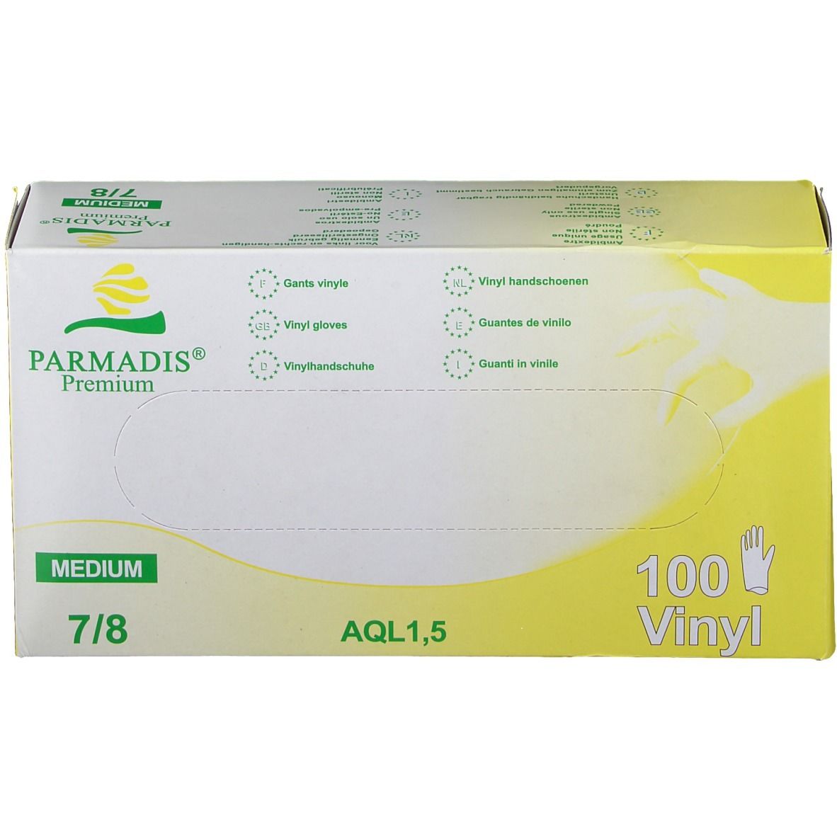 Verpakking PARMADIS® Premium vinyl handschoenen, maat M 7/8. 100 stuks. Geel-wit. AQL 1.5.